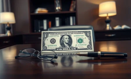 US dollar banknote on desk with reading glasses and pen, representing forex and Fed policy analysis.