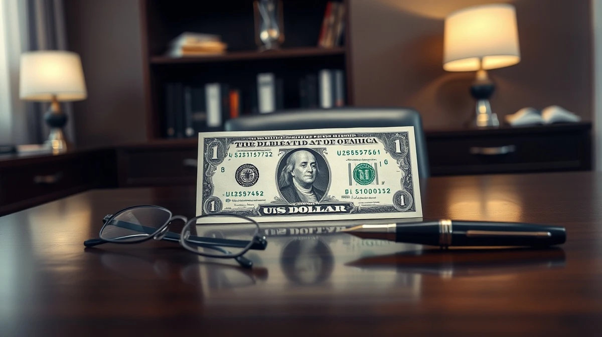 US dollar banknote on desk with reading glasses and pen, representing forex and Fed policy analysis.