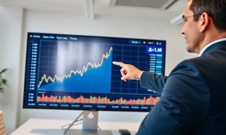 Financial analyst pointing to a digital screen showing a Bitcoin price chart with an upward trend and a $1M indicator