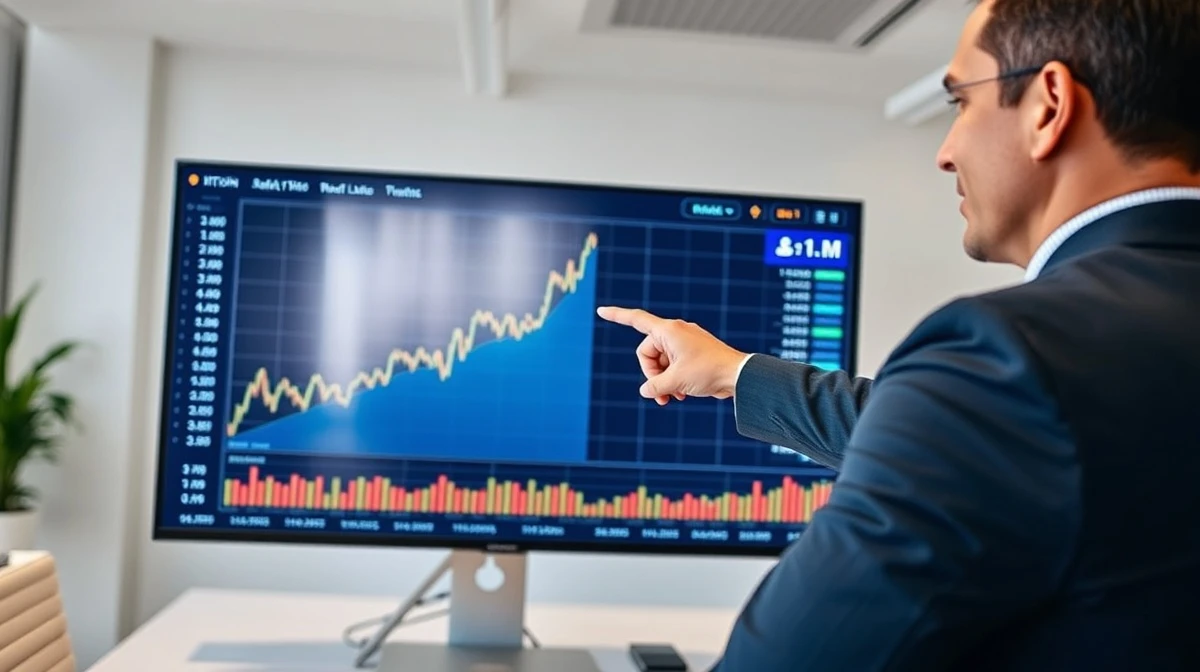 Financial analyst pointing to a digital screen showing a Bitcoin price chart with an upward trend and a $1M indicator