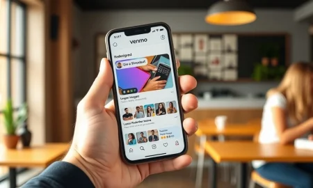 Person holding smartphone showing Venmo's redesigned app feed with social features and larger images