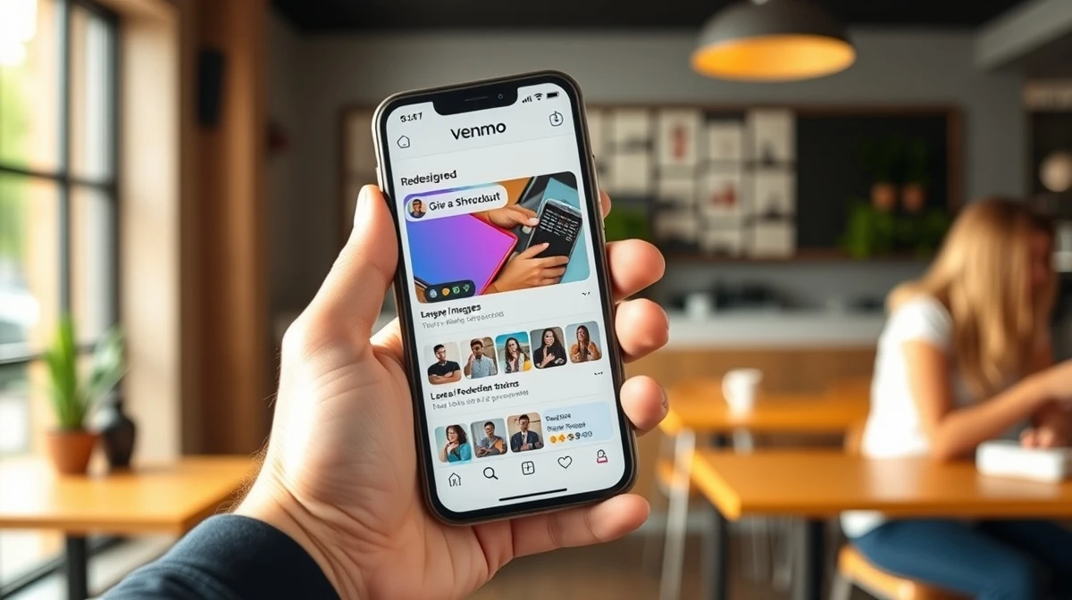 Person holding smartphone showing Venmo's redesigned app feed with social features and larger images