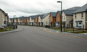 Row of new homes in a UK housing development with 'For Sale' signs under overcast sky