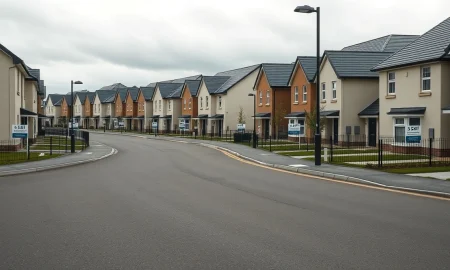 Row of new homes in a UK housing development with 'For Sale' signs under overcast sky