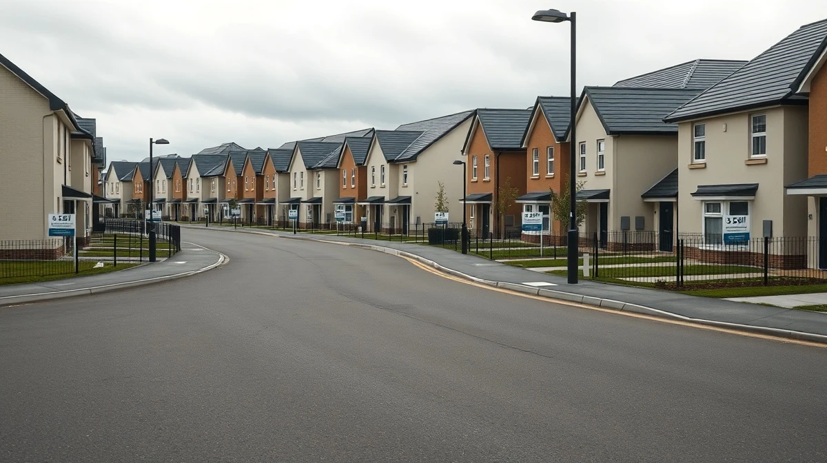 Row of new homes in a UK housing development with 'For Sale' signs under overcast sky