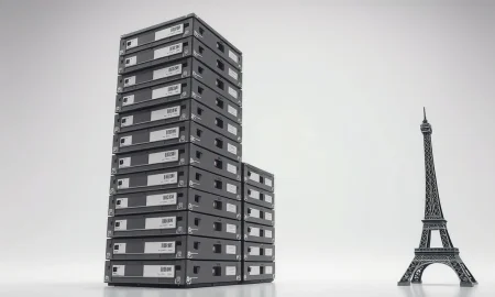Towering stack of hard drives representing VirusTotal's 31 petabytes of malware data, compared to the Eiffel Tower silhouette