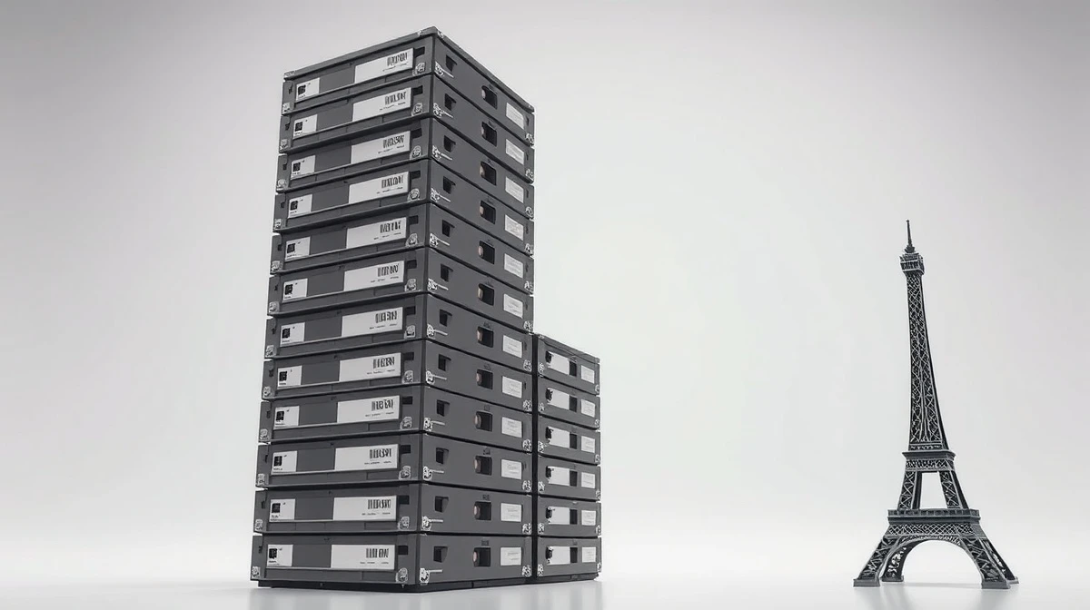 Towering stack of hard drives representing VirusTotal's 31 petabytes of malware data, compared to the Eiffel Tower silhouette