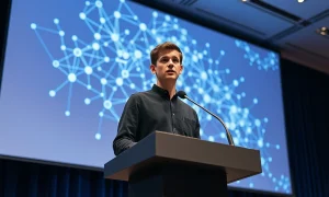 Vitalik Buterin speaking at a tech conference about AI and smart contract security
