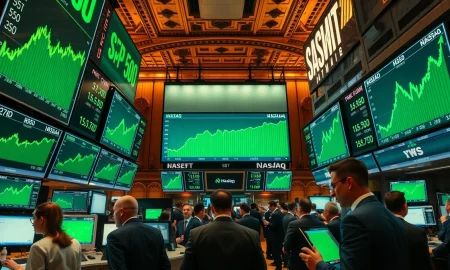 Stock exchange trading floor with green screens showing S&P 500 and Nasdaq at record highs