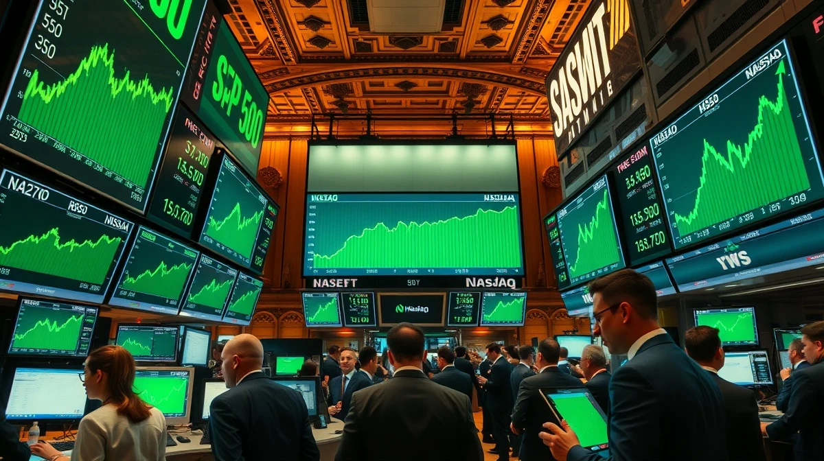 Stock exchange trading floor with green screens showing S&P 500 and Nasdaq at record highs