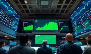 Stock exchange trading floor with green screens showing S&P 500 and Nasdaq 100 at record highs