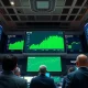 Stock exchange trading floor with green screens showing S&P 500 and Nasdaq 100 at record highs