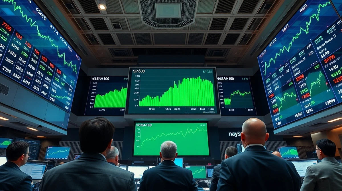 Stock exchange trading floor with green screens showing S&P 500 and Nasdaq 100 at record highs