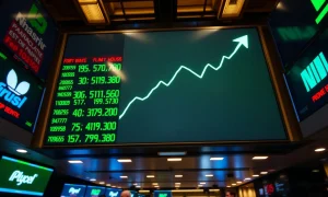 A view of a stock market board showing green numbers and an upward trend on a busy trading floor.