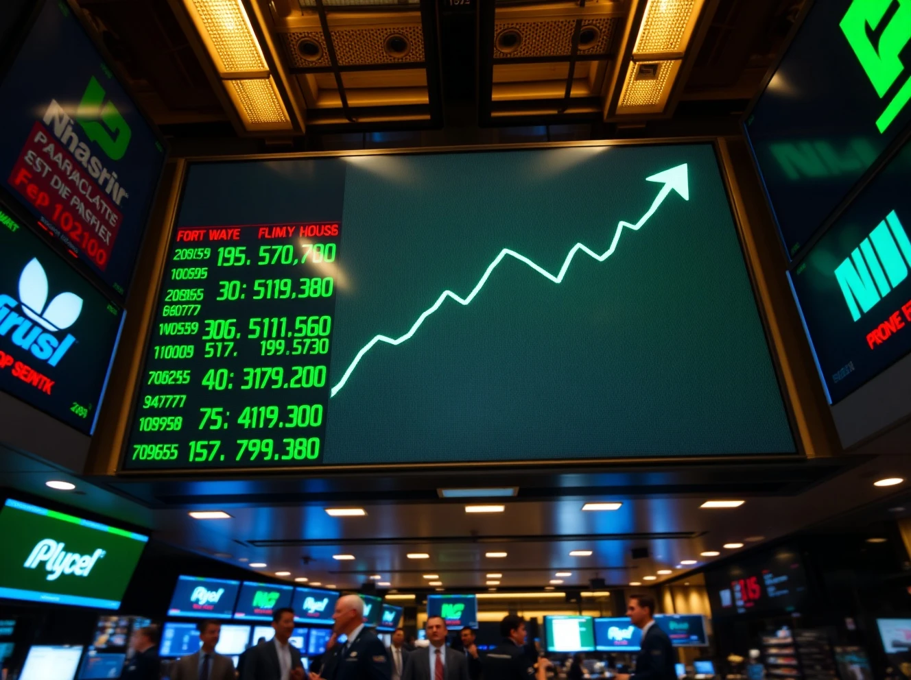 A view of a stock market board showing green numbers and an upward trend on a busy trading floor.