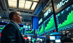 Traders on a stock exchange floor watching green screens showing record high S&P 500 index levels.