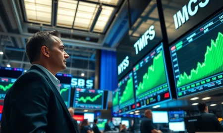 Traders on a stock exchange floor watching green screens showing record high S&P 500 index levels.