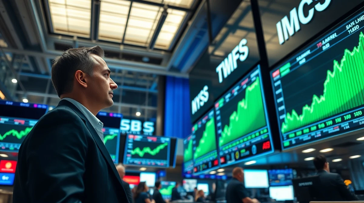 Traders on a stock exchange floor watching green screens showing record high S&P 500 index levels.
