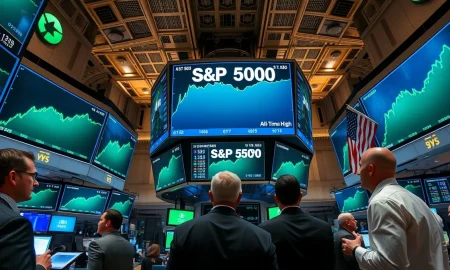 NYSE trading floor with green screens showing S&P 500 at all-time high