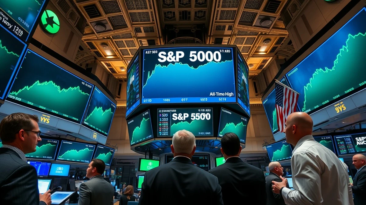 NYSE trading floor with green screens showing S&P 500 at all-time high