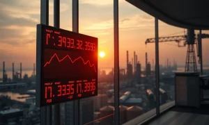 Stock market board showing red numbers with oil refinery in background symbolizing geopolitical market pressure