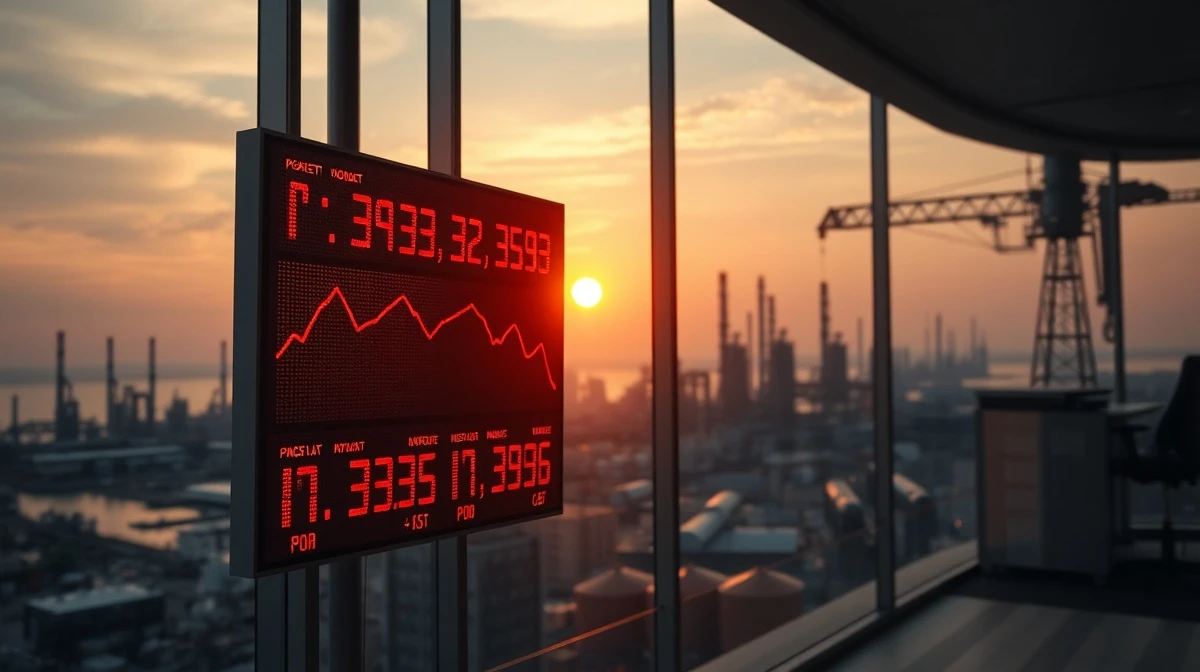 Stock market board showing red numbers with oil refinery in background symbolizing geopolitical market pressure