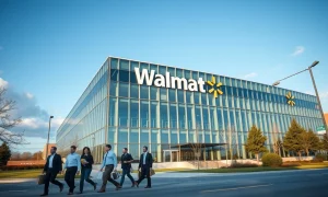 Walmart corporate headquarters building with employees leaving, illustrating recent job cuts and relocations.