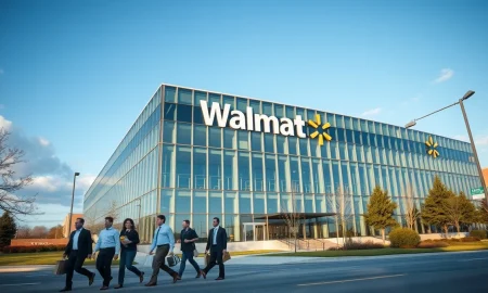 Walmart corporate headquarters building with employees leaving, illustrating recent job cuts and relocations.