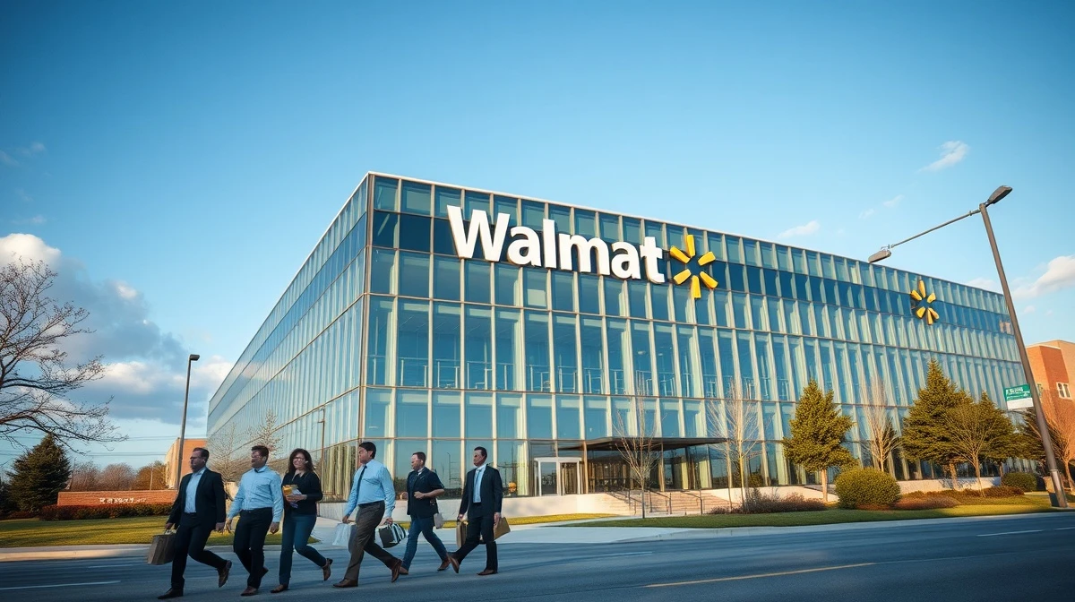Walmart corporate headquarters building with employees leaving, illustrating recent job cuts and relocations.
