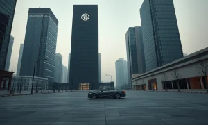 Empty financial district in a Gulf city at dusk with darkened skyscrapers and no pedestrians