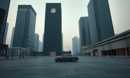 Empty financial district in a Gulf city at dusk with darkened skyscrapers and no pedestrians