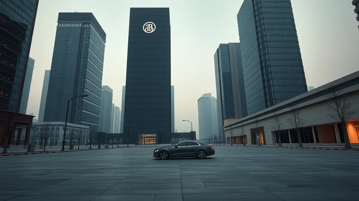 Empty financial district in a Gulf city at dusk with darkened skyscrapers and no pedestrians