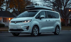 A Waymo autonomous minivan parked on a suburban street at dusk, representing the fleet recall.