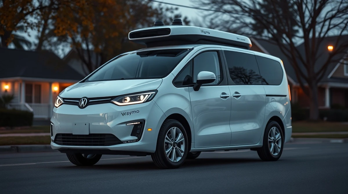A Waymo autonomous minivan parked on a suburban street at dusk, representing the fleet recall.