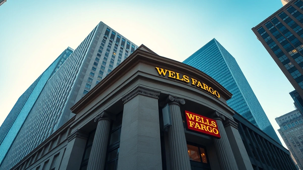 Wells Fargo bank building exterior on a clear morning, representing institutional investment in Ethereum ETFs.