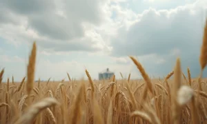 Golden wheat field under cloudy sky with grain elevator in background