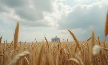 Golden wheat field under cloudy sky with grain elevator in background