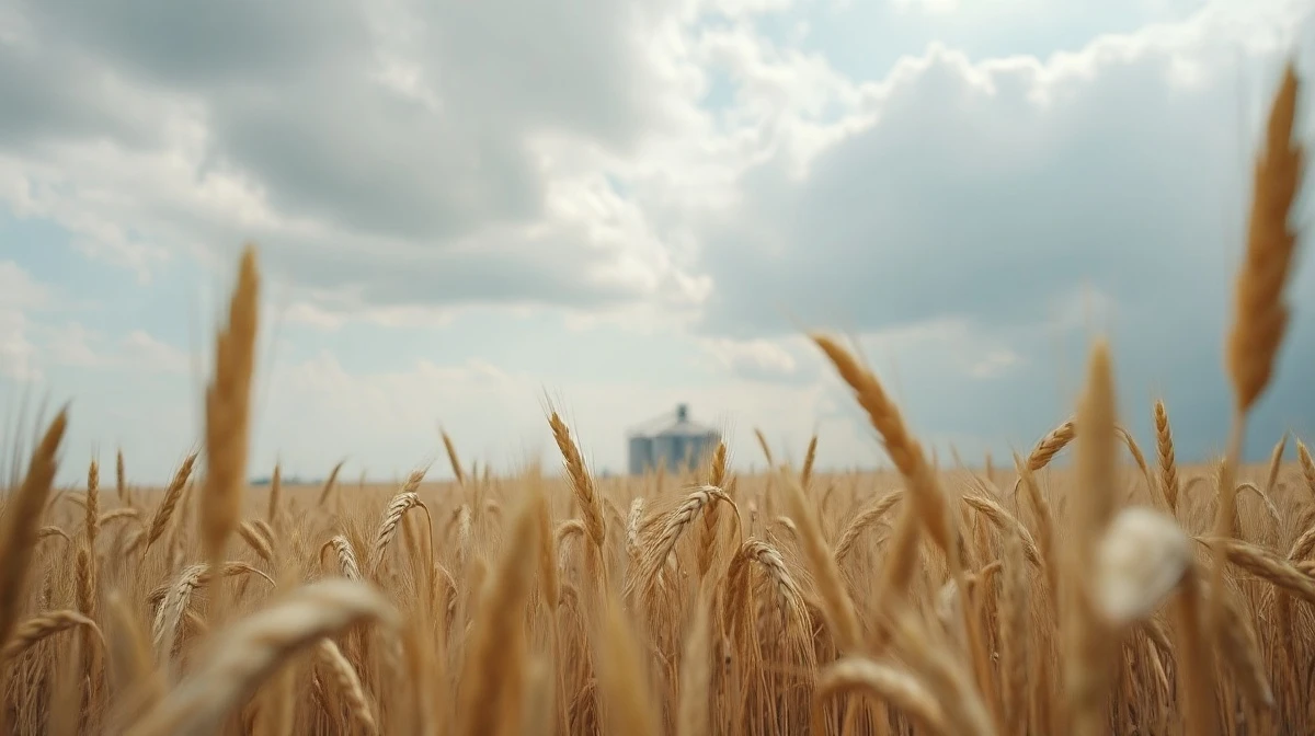 Golden wheat field under cloudy sky with grain elevator in background