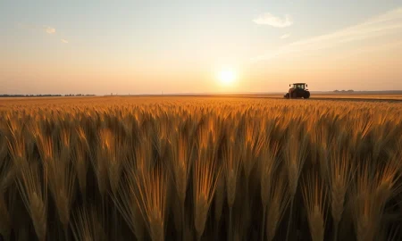 Golden wheat field at sunset with tractor in distance, representing agricultural commodity markets