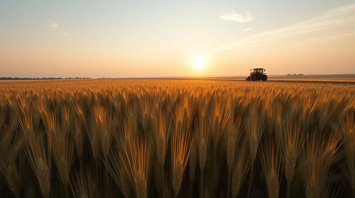 Golden wheat field at sunset with tractor in distance, representing agricultural commodity markets