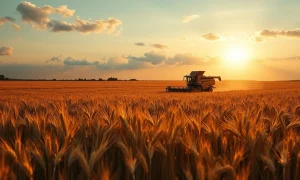 Combine harvester in a wheat field at sunset, representing agricultural commodity markets.