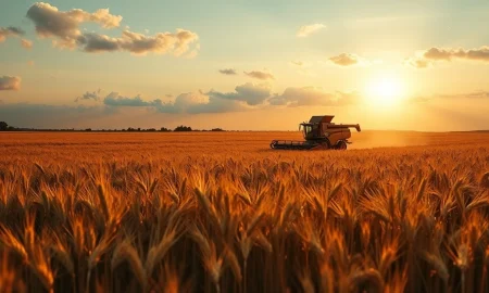 Combine harvester in a wheat field at sunset, representing agricultural commodity markets.