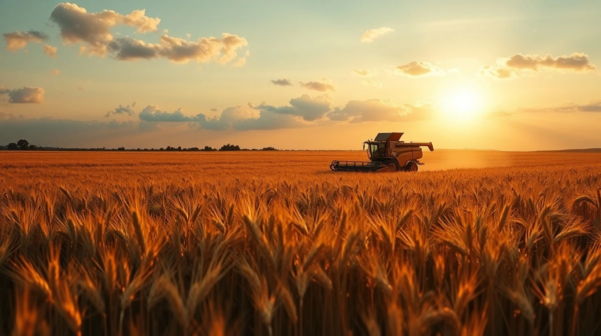Combine harvester in a wheat field at sunset, representing agricultural commodity markets.