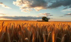 Golden wheat field under cloudy sky with grain elevator in distance