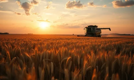 Golden wheat field at sunset with combine harvester working in the distance under cloudy sky.