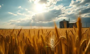 Golden wheat field under partly cloudy sky with farm silo in distance