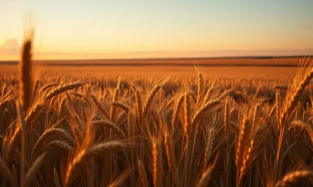 Golden wheat field under partly cloudy sky with farm silo in distance