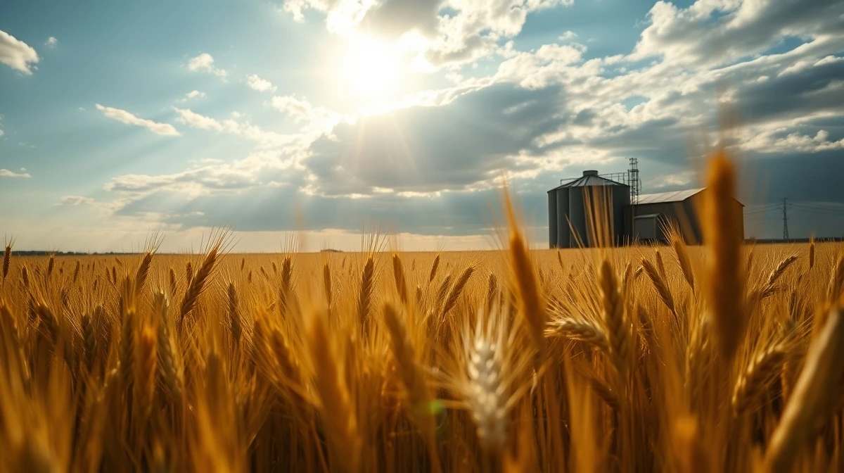 Golden wheat field under partly cloudy sky with farm silo in distance