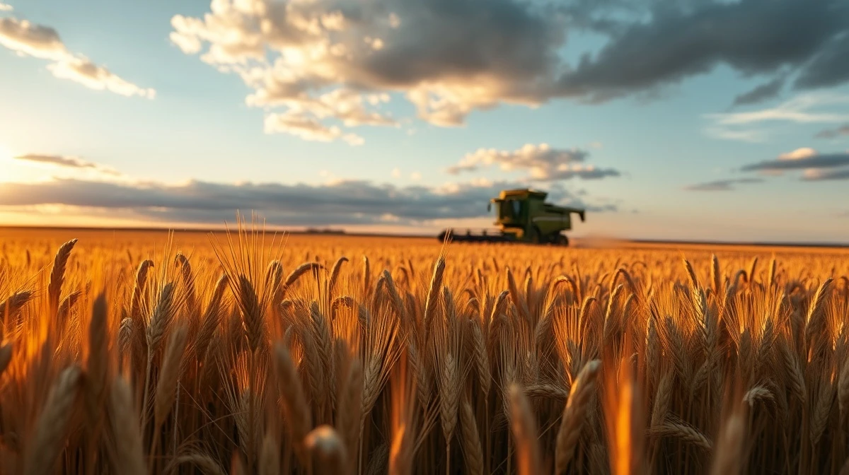 Golden wheat field under cloudy sky with grain elevator in distance
