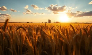 Golden wheat field under partly cloudy sky at sunset in the American Midwest